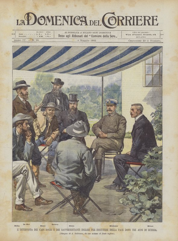Üç yıllık savaşın ardından barışı tartışmak için Boer liderleri ve İngiliz temsilcilerle röportaj by Achille Beltrame