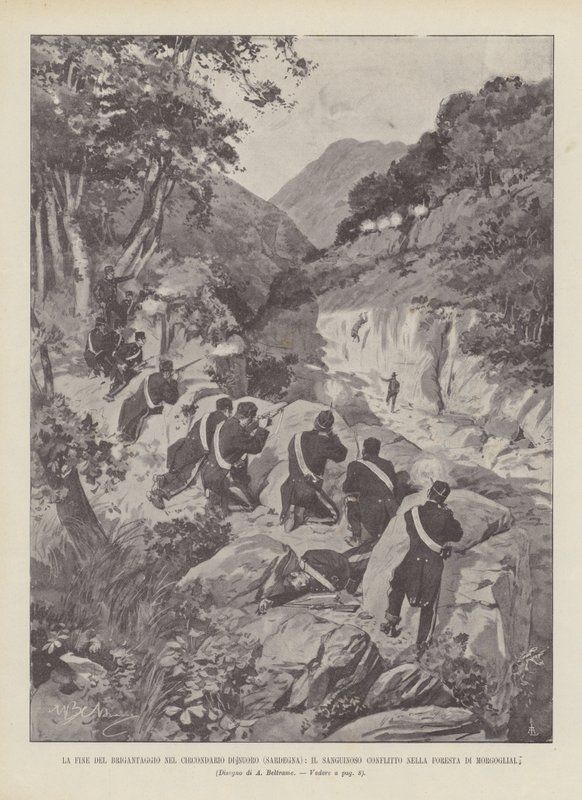 Nuoro (Sardunya) İlçesinde Eşkıyalığın Sonu, Morgogliai Ormanında Kanlı Çatışma by Achille Beltrame