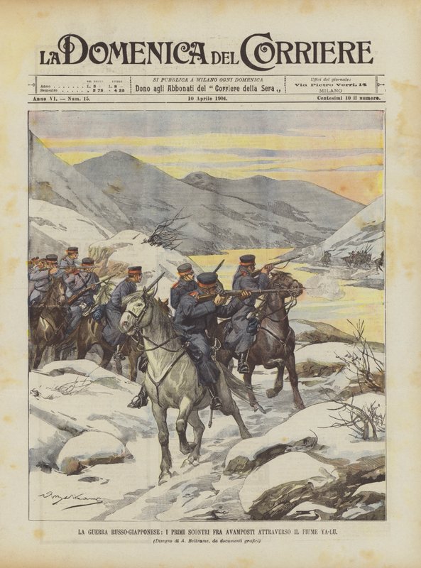 Rus-Japon Savaşı, Ya-Lu Nehri Karşısındaki Karakollar Arasındaki İlk Çatışmalar by Achille Beltrame