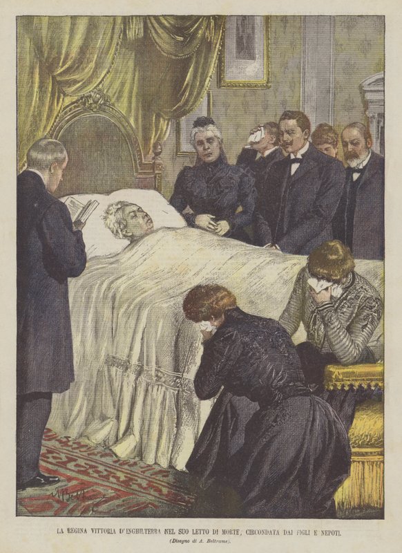 İngiltere Kraliçesi Victoria, çocukları ve torunlarıyla çevrili ölüm döşeğinde. by Achille Beltrame