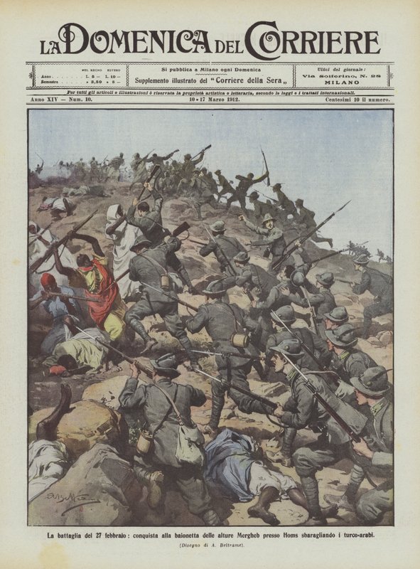 27 Şubat muharebesi, Humus yakınlarındaki Mergheb tepelerini bir süngü ile fetheder ve Türk-Arapları yener. by Achille Beltrame