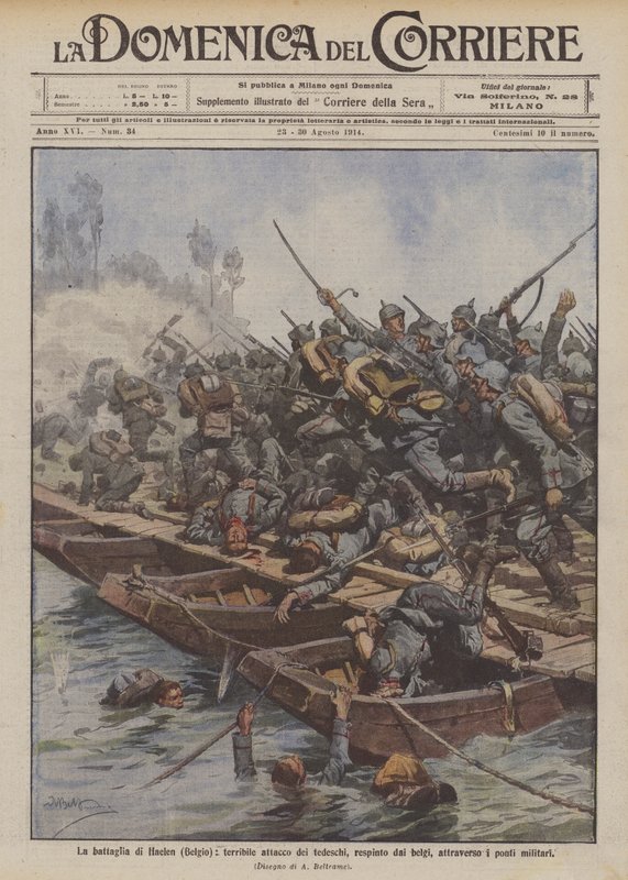 Haelen (Belçika) savaşı, Almanların korkunç saldırısı, Belçikalılar tarafından askeri köprülerden püskürtüldü by Achille Beltrame