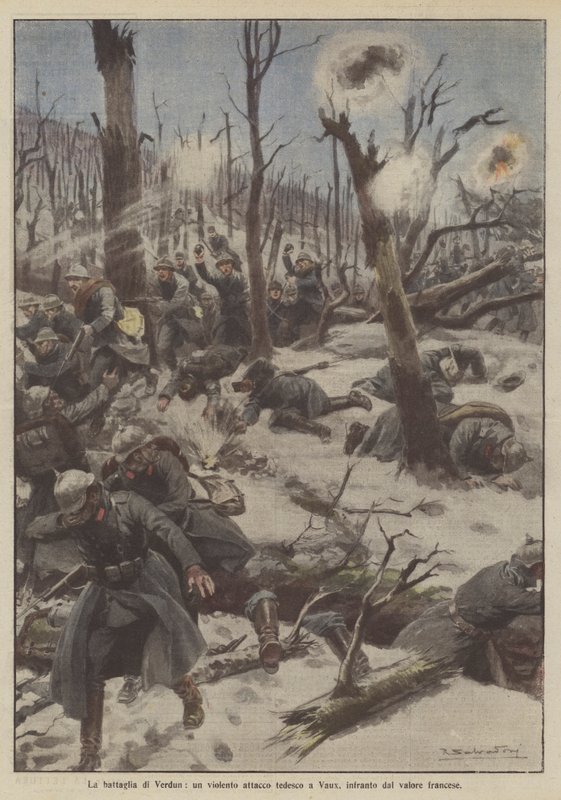 Verdun Muharebesi, Vaux'a şiddetli bir Alman saldırısı, Fransız cesaretiyle paramparça oldu by Achille Beltrame