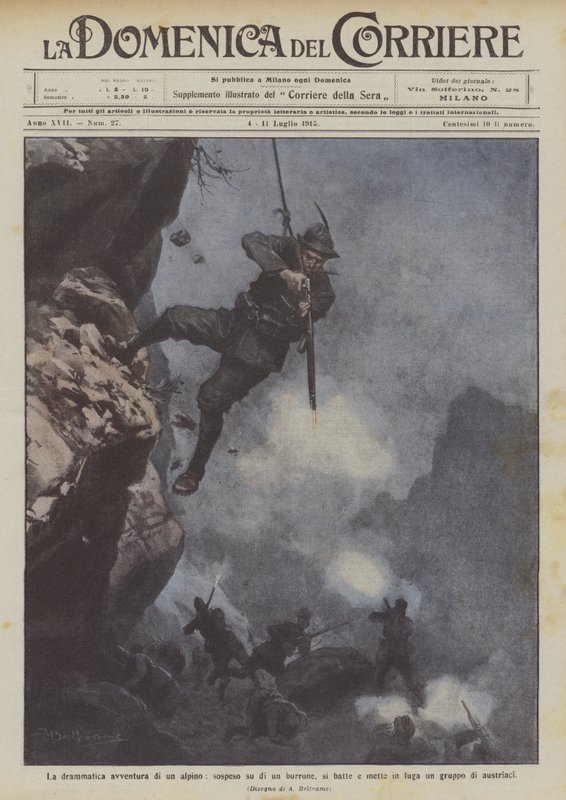 Bir dağ geçidi üzerinde asılı duran bir Alpin dramatik macerası, bir grup Avusturyalıyı savaşır ve kaçar. by Achille Beltrame
