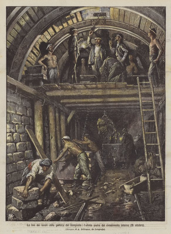 İç kaplamanın son taşı olan Simplon tünelinde çalışmaların sonu (18 Ekim) by Achille Beltrame