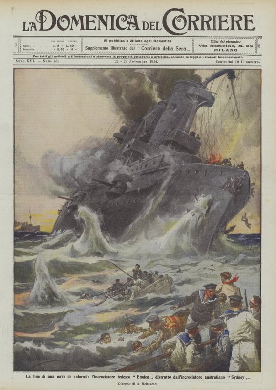 Cesur bir geminin sonu, Alman kruvazörü Emden, Avustralya kruvazörü Sydney tarafından yok edildi by Achille Beltrame