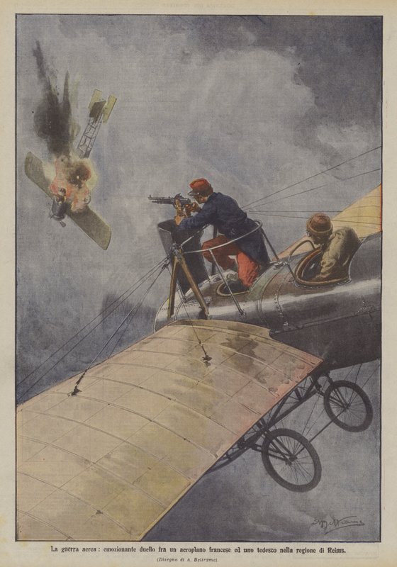Hava savaşı, Reims bölgesinde bir Fransız ve bir Alman uçağı arasında heyecan verici bir düello by Achille Beltrame