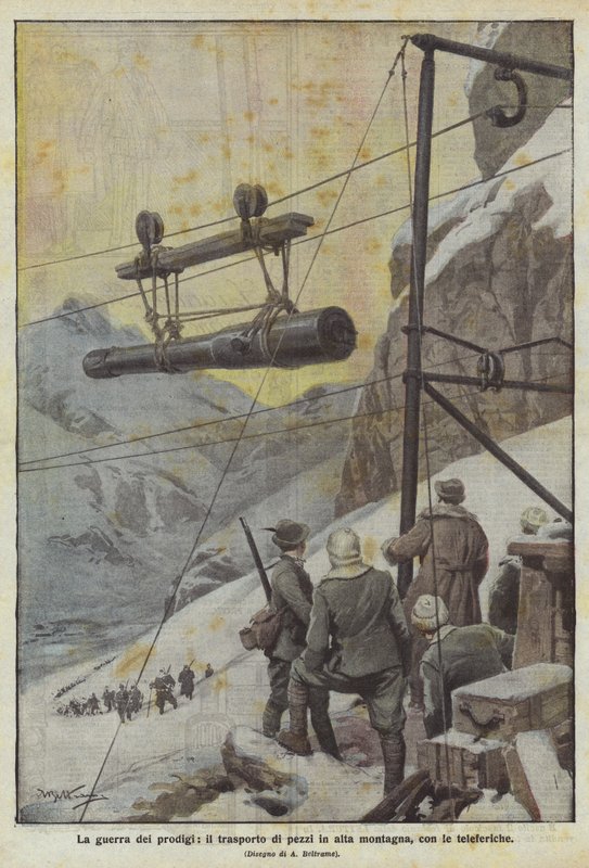 Harikalar savaşı, teleferiklerle yüksek dağlarda parçaların taşınması by Achille Beltrame