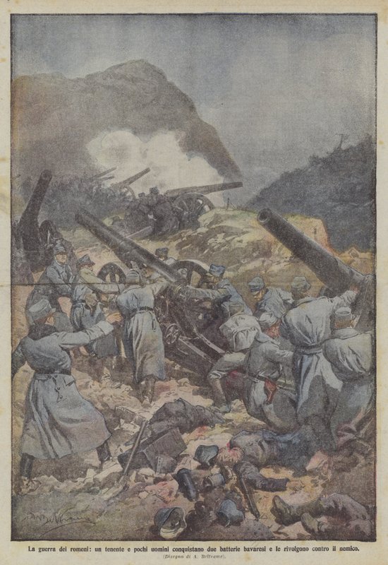 Romenlerin savaşı, bir teğmen ve birkaç adam, iki Bavyera bataryasını fethediyor ve onları düşmana karşı döndürüyor. by Achille Beltrame