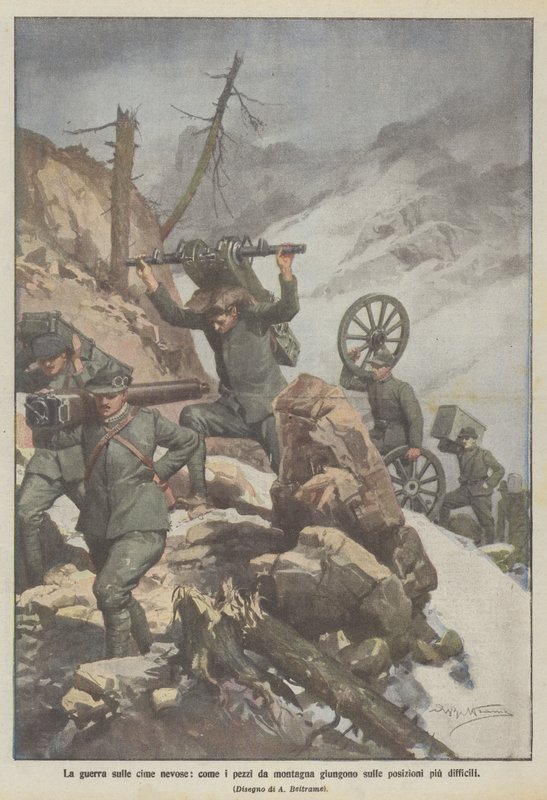 Dağ parçaları en zor pozisyonlara ulaştığında karlı zirvelerde savaş by Achille Beltrame