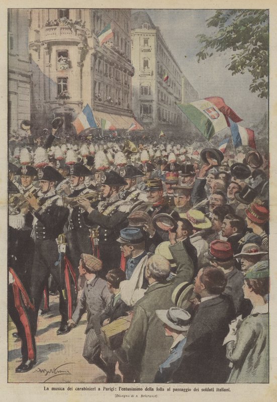 Paris'teki jandarmaların müziği, İtalyan askerleri geçerken kalabalığın coşkusu by Achille Beltrame