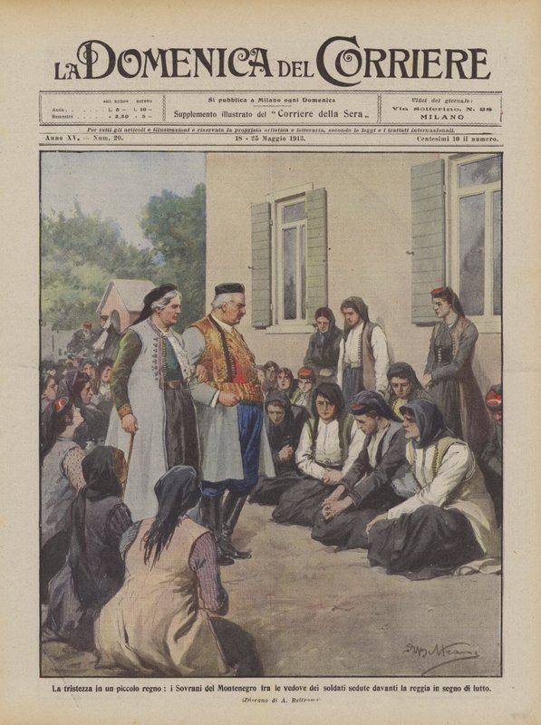 Küçük bir krallığın üzüntüsü, oturan askerlerin dulları arasında Karadağ Hükümdarları mı? by Achille Beltrame