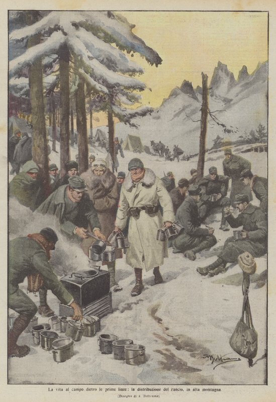 Cephe gerisindeki kampta yaşam, erzak dağıtımı, yüksek dağlarda by Achille Beltrame