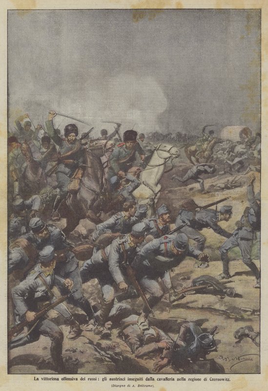Rusların muzaffer taarruzu, Czernowitz bölgesinde süvari tarafından takip edilen Avusturyalılar by Achille Beltrame