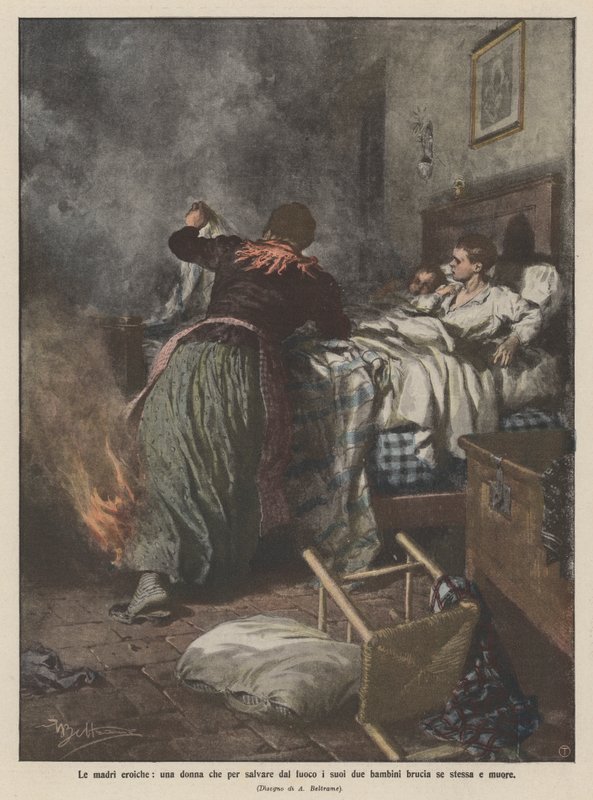 Kahraman anneler, iki çocuğunu ateşten kurtarmak için kendini yakar ve ölür. by Achille Beltrame