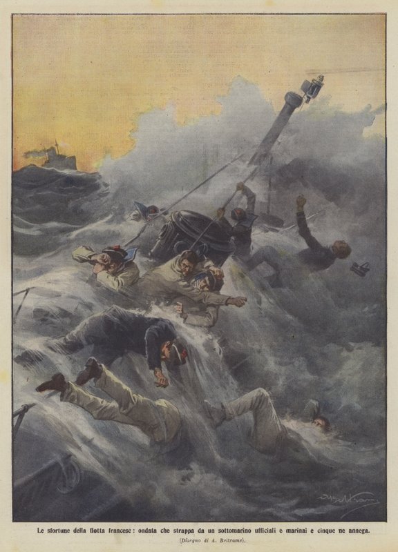 Fransız filosunun talihsizlikleri, subayları ve denizcileri bir denizaltıdan kaçıran ve beş kişiyi boğan bir dalga. by Achille Beltrame