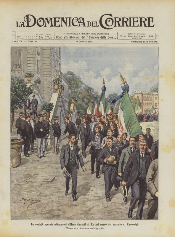 Piedmontlu işçi dernekleri, Racconigi kalesinin parkında Kralın önünde geçit töreni yapıyor by Achille Beltrame