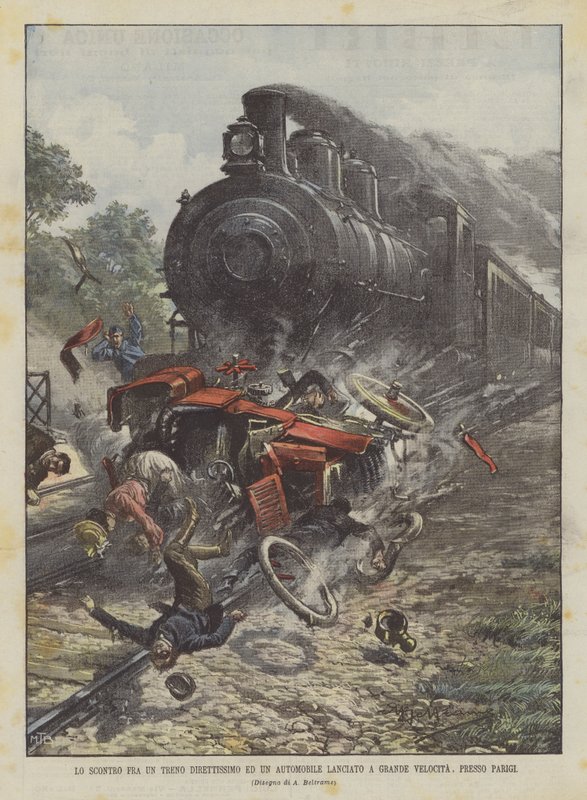 Paris yakınlarında bir ekspres tren ile hızla giden bir arabanın çarpışması by Achille Beltrame