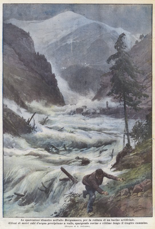 Yukarı Bergamo bölgesinde yapay bir havzanın yırtılması nedeniyle korkunç felaket by Achille Beltrame