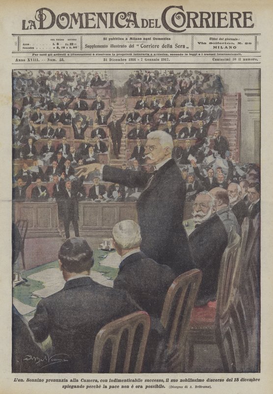 Lon Sonnino unutulmaz bir başarı ile Meclis'e asil konuşmasını sunar. by Achille Beltrame