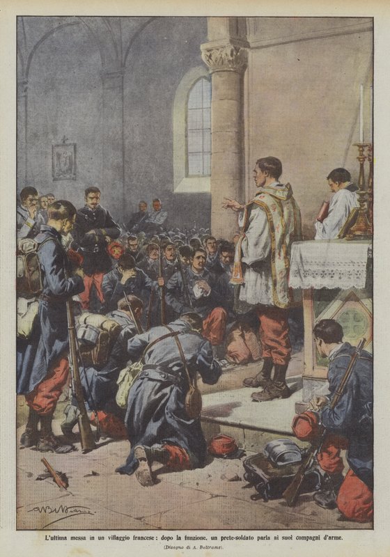 Bir Fransız köyündeki son ayine, ayinden sonra bir asker-rahip yoldaşlarıyla konuşuyor by Achille Beltrame