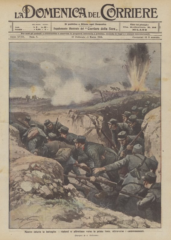Savaş şiddetlenirken, takviye birlikleri yürüyüş yollarından cepheye acele ediyor by Achille Beltrame