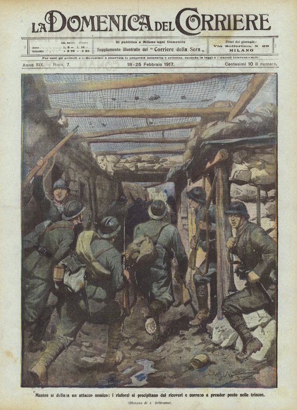 Bir düşman saldırısı yaklaşırken, takviyeler sığınaklardan koşar ve siperlerde yerlerini almak için koşar. by Achille Beltrame