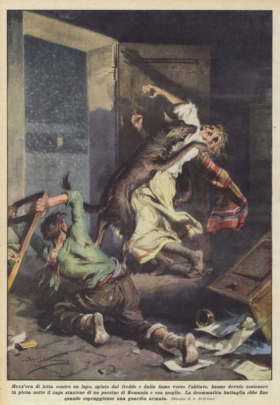 Soğuktan ve açlıktan köye doğru sürüklenen bir kurtla yarım saat savaşmak mı? by Achille Beltrame