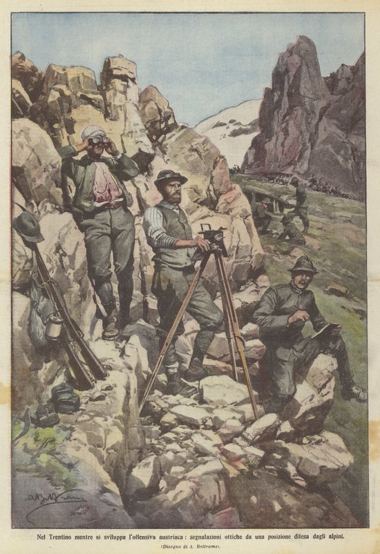 Trentino'da, Avusturya saldırısı gelişirken, Alp birlikleri tarafından savunulan bir konumdan optik sinyaller by Achille Beltrame