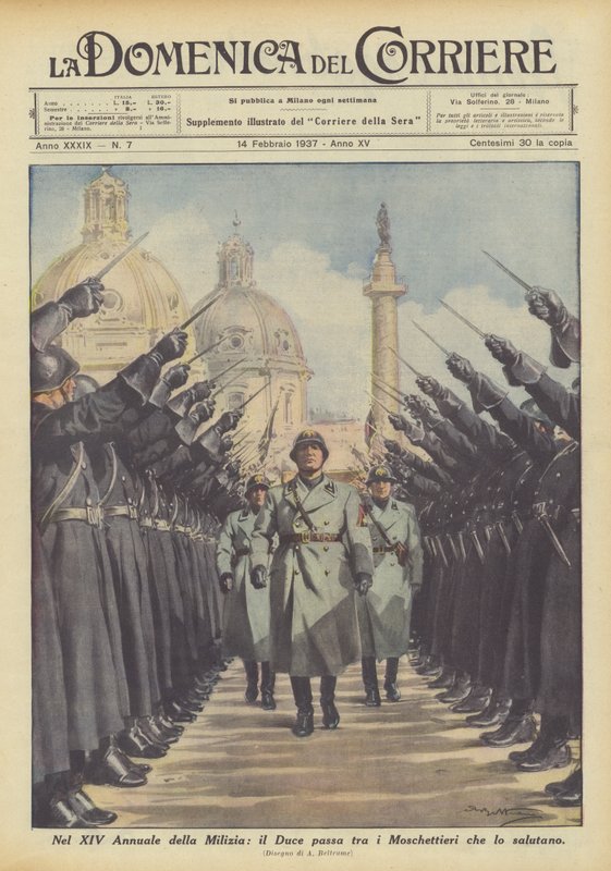 Milislerin XIV Yıllığında Duce, kendisini karşılayan Silahşörler arasında geçer. by Achille Beltrame