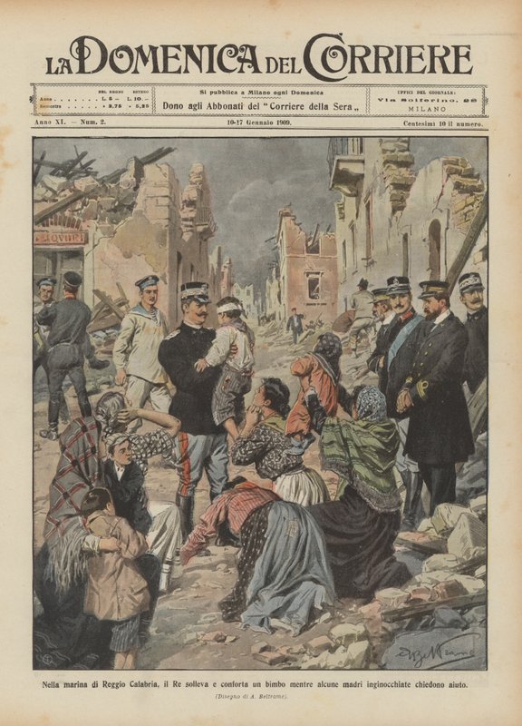 Reggio Calabria yat limanında, diz çökmüş bazı anneler yardım isterken Kral bir çocuğu kaldırır ve rahatlatır by Achille Beltrame