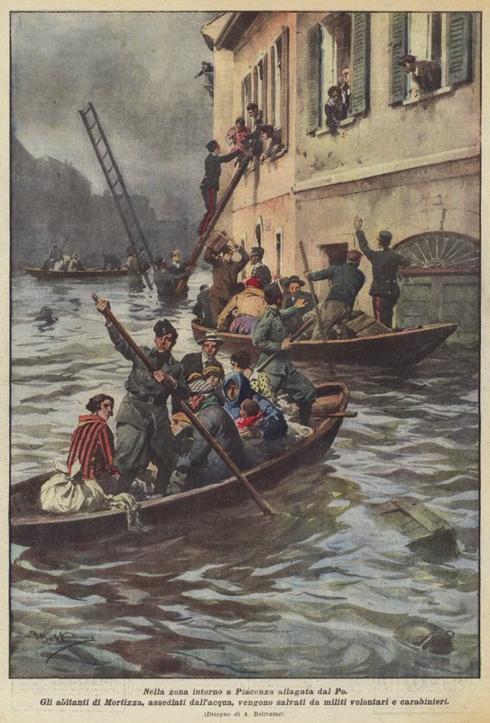 Po tarafından sular altında Piacenza çevresindeki alanda by Achille Beltrame
