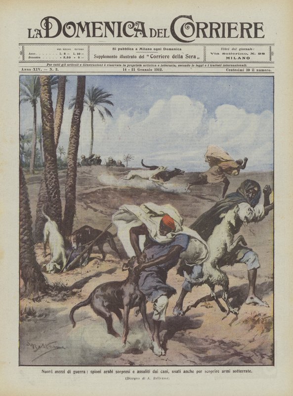 Yeni savaş araçları, Arap casusları şaşırttı ve köpekler tarafından saldırıya uğradı, ayrıca gömülü silahları keşfetmek için kullanıldı by Achille Beltrame