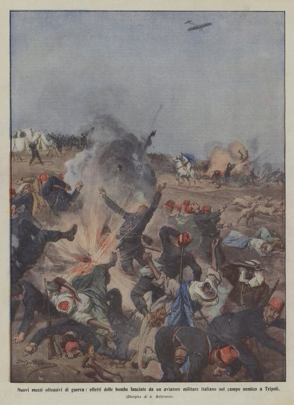 Yeni saldırı savaş araçları, bir İtalyan askeri havacı tarafından atılan bombaların etkileri? by Achille Beltrame
