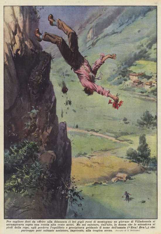 Kız arkadaşına (güzel kırmızı dağ zambakları) genç bir adama çiçek toplamak için mi? by Achille Beltrame