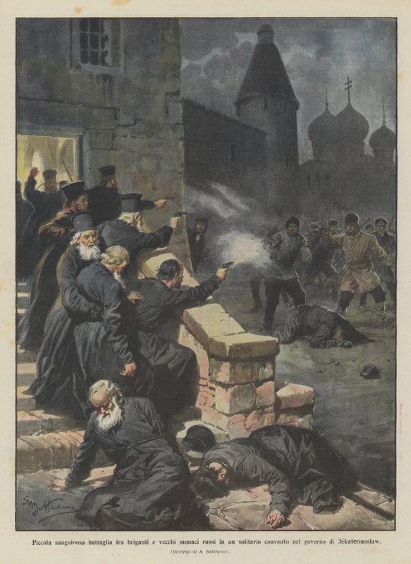 ıssız bir manastırda haydutlar ve yaşlı Rus keşişler arasındaki kanlı küçük savaş? by Achille Beltrame