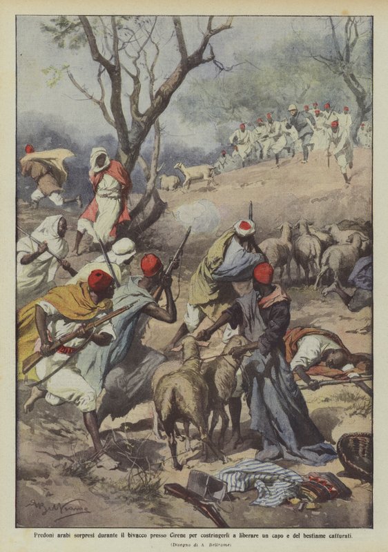 Arap akıncıları, Cyrene yakınlarındaki bivouac sırasında onları bir lideri serbest bırakmaya zorlamak için şaşırttı ve? by Achille Beltrame