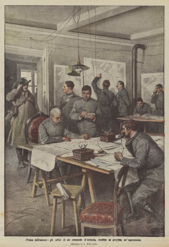 Harekâttan önce, harekat hazırlanırken bir ordu komutanlığının büroları by Achille Beltrame