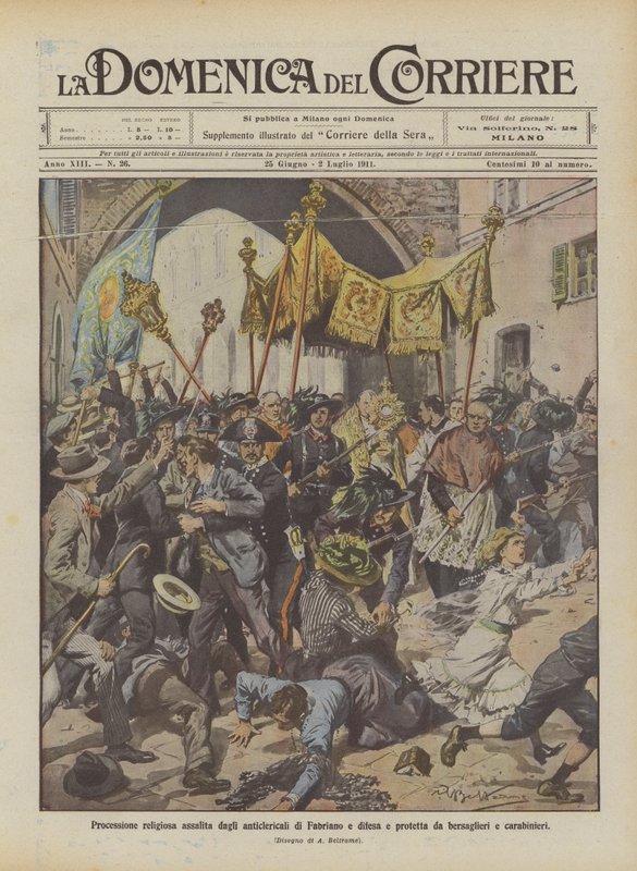 Fabriano din karşıtı kişilerin saldırısına uğrayan ve bersaglieri ve carabinieri tarafından savunulan ve korunan dini alayı by Achille Beltrame