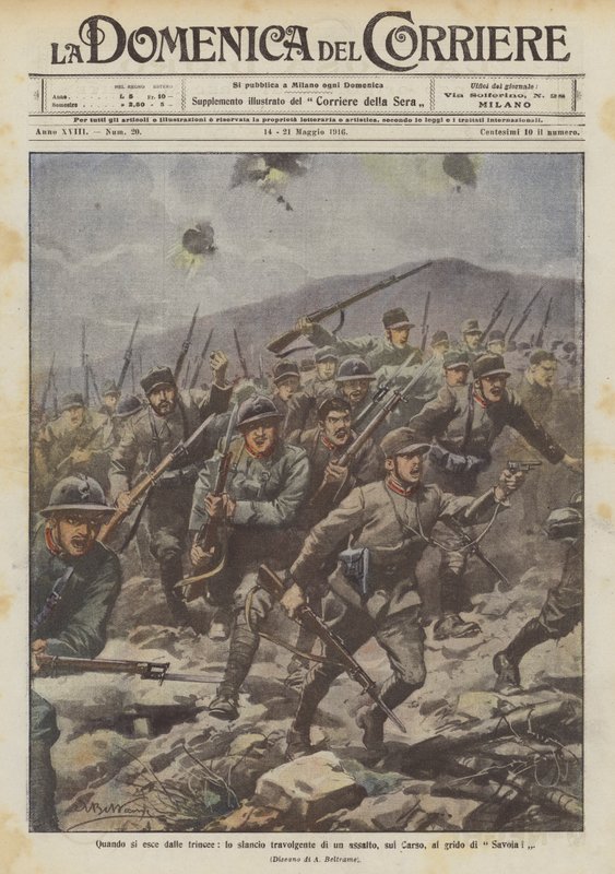 Siperlerden çıktığınızda, Karst'a yapılan bir saldırının ezici ivmesi, Savoy'un çığlığına! by Achille Beltrame