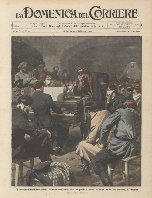 Ünlü bir piyanisti kaçırdıktan sonra, onunkilerden birine katılan maskeli Rus devrimciler? by Achille Beltrame