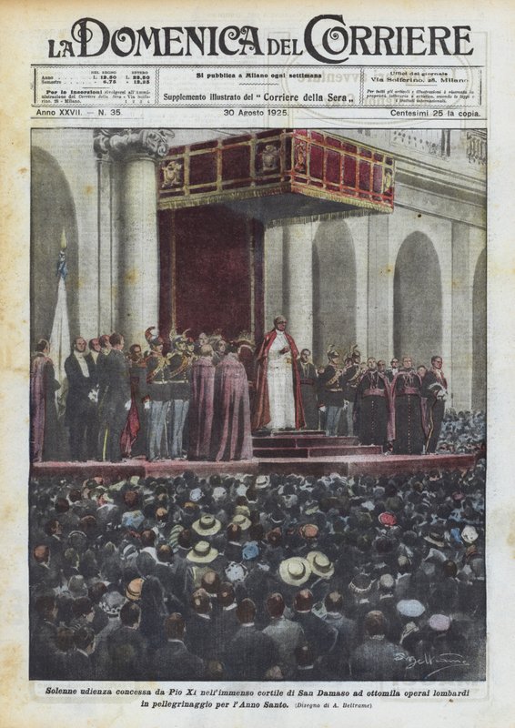 Pius XI tarafından San Damaso'nun uçsuz bucaksız avlusunda sekiz bin Lombard işçisine bahşedilen ciddi bir dinleyici mi? by Achille Beltrame
