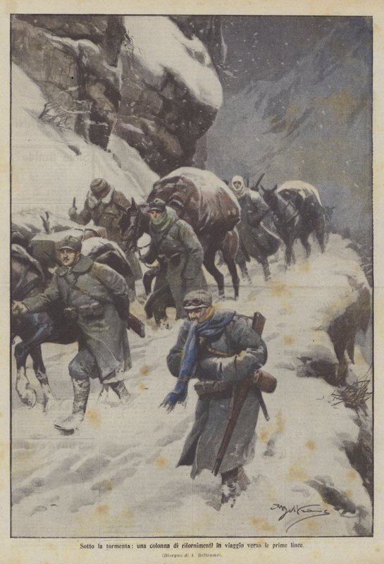 Kar fırtınasının altında, cepheye giden bir erzak sütunu by Achille Beltrame