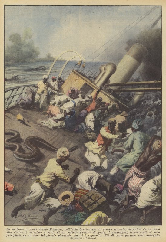 Batı Hindistan, Kolhapur yakınlarındaki azgın bir nehirde büyük bir yılan mı patladı? by Achille Beltrame