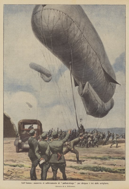 Isonzo'da, topçu ateşini yönlendirmek için ejderha balonu kaldırma manevrası by Achille Beltrame