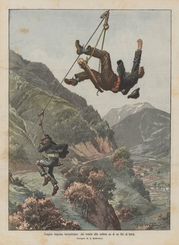 Dağdan vadiye demir bir tel üzerinde trajik çocukça girişim by Achille Beltrame