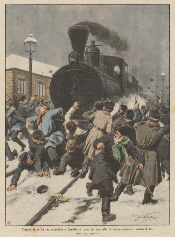 Rus bir tren sürücüsü ile işçi kalabalığı arasındaki trajik mücadele ona karşı çileden çıktı by Achille Beltrame