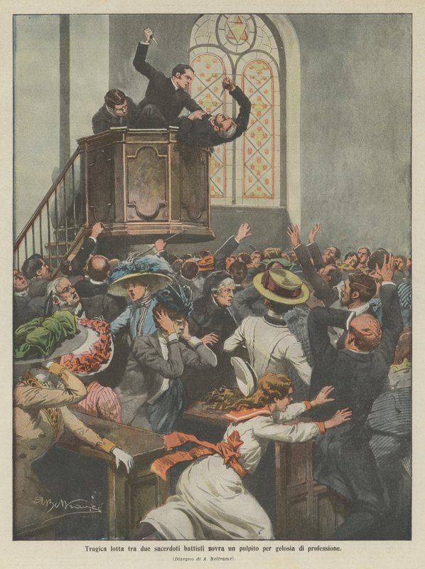Mesleğin kıskançlığı için bir minberde iki Baptist rahip arasındaki trajik mücadele (renkli taş) by Achille Beltrame