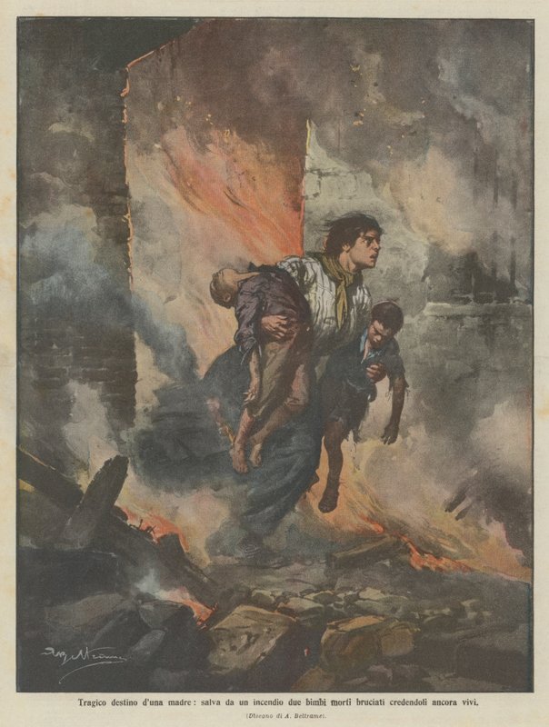 Bir annenin trajik kaderi, iki yanmış ölü çocuğu hala hayatta olduğuna inanarak yangından kurtarır. by Achille Beltrame