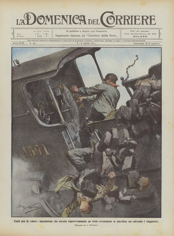 Mütevazı cesaret gösterileri, arabayı devirerek bir treni aniden durduran sürücü? by Achille Beltrame